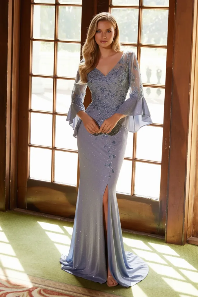Sequins Embellished Long Mermaid Gown (Dusty Blue, 10W)