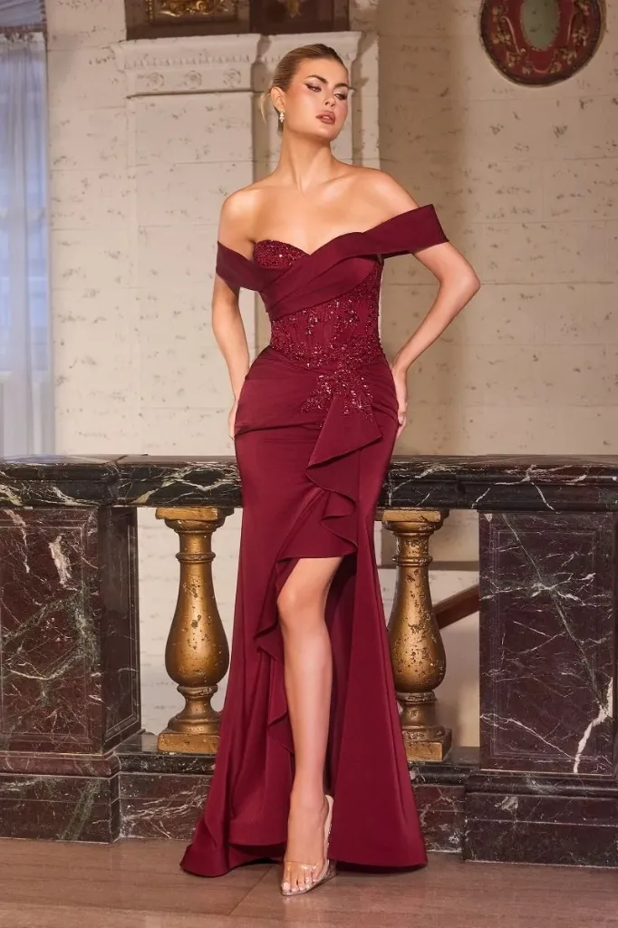 Beads Embellished Soft Satin Gown | Ruffled Skirt & Corset (Black, 6)