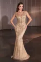 Gold Beaded Mermaid Evening Gown V-Neck Cap Sleeve