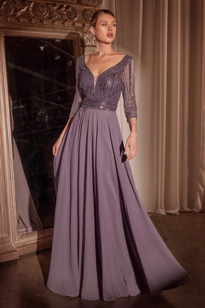 Sequin Bodice Evening Gown 3/4 Sleeves & Flowing Chiffon Skirt