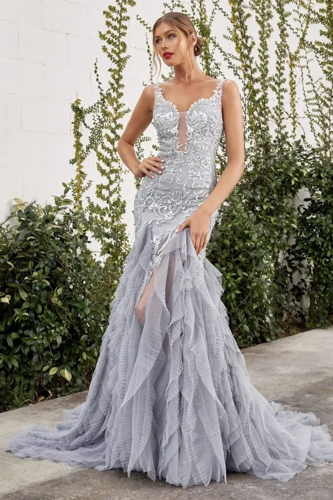 Ruffle Deep V-neck Embroidered Backless Bodice Mermaid (16)