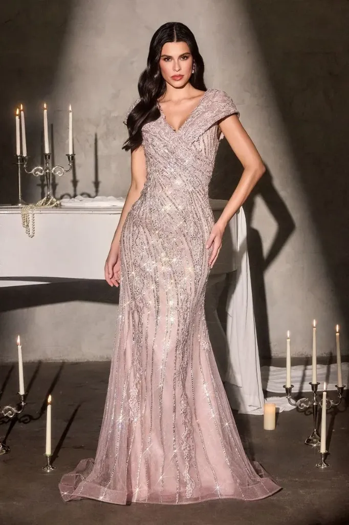 Modern Mother Of Bride Gown Cape Sleeves & Beaded Tulle