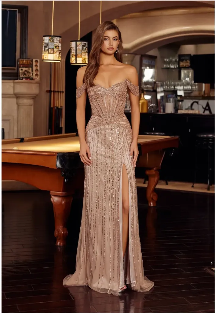Full Sequined Beaded V-Neck Evening Gown (Silver, 2)